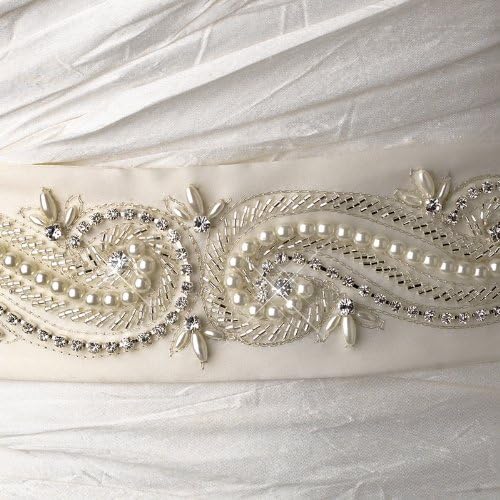 Glamorous Pearl & Rhinestone Wedding Bridal Sash Belt - Ivory