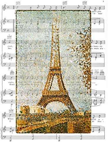 8x10 Georges Seurat, Eiffel Tower, Paris, France - 1889, Fine Art Print, Overlaid on Edith Piaf's La Vie En Rose Sheet Music Artwork. Seurat Poster Print. Size 8x10 Inches (SRTEiffel810)