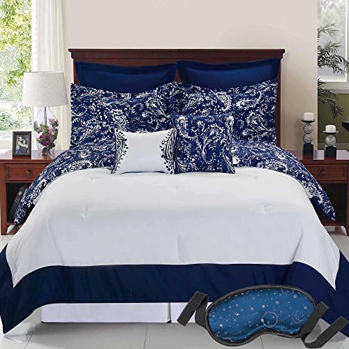 Modern Elegant Luxury Bright Blue Color Bedding Floral Printed Reversible Comforter Set FULL (9 Piece Bed in a Bag) with Sleep Mask