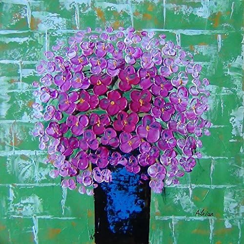 Pink Flowers in Green Background Original Oil Painting Palette Knife Thick Brush Stroke 24x24 Acrylic on Canvas Modern Wall Art by Artist Adrian Signed