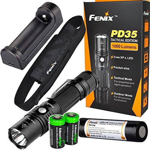Fenix PD35 2015 TAC Edition 1000 Lumen CREE XP-L LED Tactical Flashlight with Fenix ARB-L2M 18650 Li-ion rechargeable battery, Fenix ARE-X1 charger and 2 X EdisonBright CR123A lithium batteries bundle Fenix PD35 2015 TAC Edition 1000 Lumen CREE XP-L LED Tactical Flashlight with Fenix ARB-L2M 18650 Li-ion rechargeable battery, Fenix ARE-X1 charger and 2 X EdisonBright CR123A lithium batteries bundle