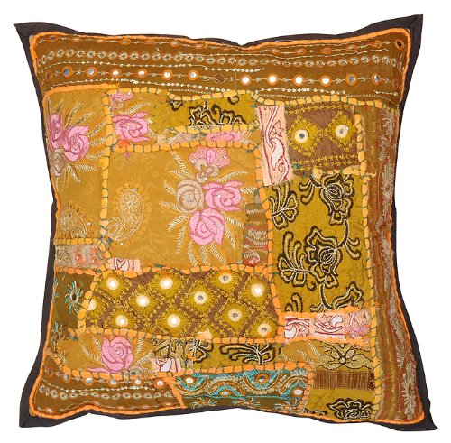 Imagen 2 de Cojín de algodón de la India Diseñador Cubre con tamaño de trabajo de bordado y parche de 16 x 16 pulgadas Juego de 2 piezas