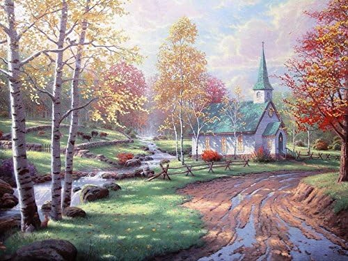 JeremyArtOutlet Diy oil painting, Thomas Kinkade art paintings roads rustic rivers church building architecture trees autumn wallpaper 12x16(inches)