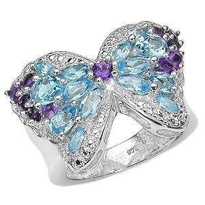 3.95 Carat Genuine Swiss Blue Topaz and Amethyst Sterling Silver Ring by