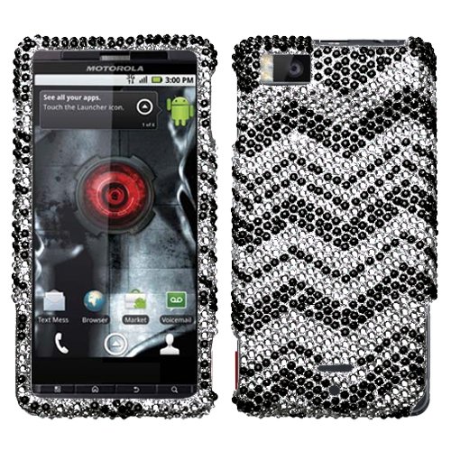 Motorola Droid X MB810 Full Diamond Bling Zig Zag (Black/White) Hard Case Snap on Cover Shield Protector Sleeve + LCD Screen Guard Film With Cleaning Cloth + 2 Free Biodegradable Screen Wipes