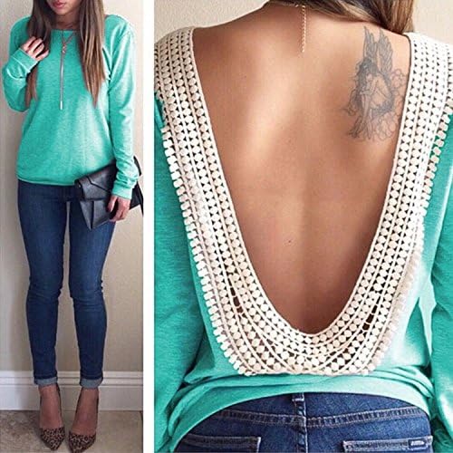 Stylish Lady Sexy Women's Long Sleeve O-neck Backless Lace Trim Blouse Shirt Tops D_L
