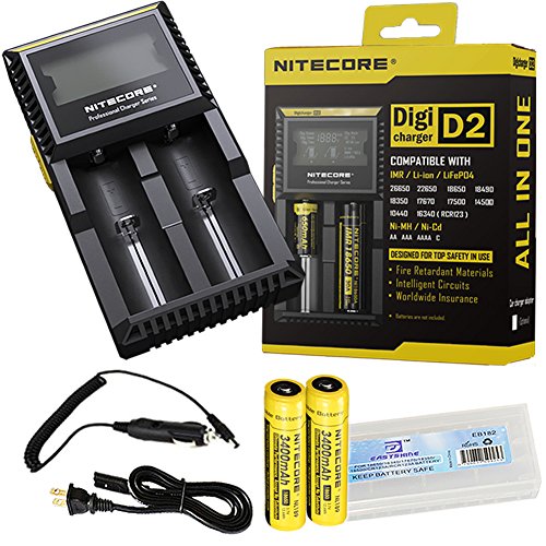 Bundle:Nitecore D2 Charger 2015 Version New Universal Battery Charger for Li-ion Ni-MH Ni-Cd IMR 18650 18350 16340 14500 10440 AA AAA C with 2PCs 3400mAh 18650 Batteries EASTSHINE EB182 Battery Box