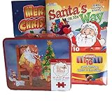 Gift Set Elf on the Shelf with Santa Claus 48 Pc Puzzle Lunchbox Tin, 3 Coloring Activity Books, 10 Pack Playskool Crayons 5pc Gift Set Bundle