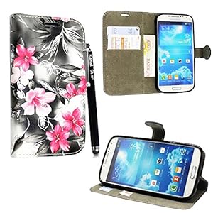 FOR SAMSUNG GALAXY S4 MINI I9190 NEW ARRIVAL PREMIUM QUALITY PU LEATHER MAGNETIC FLIP CASE COVER POUCH + SCREEN PROTECTOR +STYLUS (Pink Flower Dark Grey Book Flip)