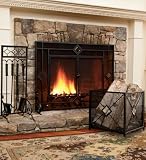 2-Door Mesh 44 x 33H Fire Screen with Beveled Glass Diamond Accents, in Black