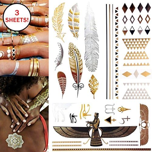 Metallic Jewelry Gold, Silver & Black Design Flash Tattoos, Temporary Bling- Package of 3 Sheets 5.5" x 8.5"