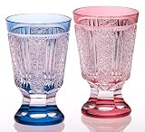 江戸切子 ペア懐石杯(三本溝に菊つなぎ・金赤&藍色)