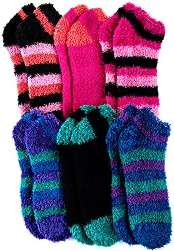 Cozy Feet Juniors 6-Pack Super Soft & Fuzzy Plush Ankle Socks (One Size, Forest/Coral/Aqua)