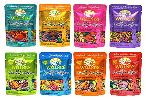 Wellness Healthy Indulgence Grain-Free Wet Cat Food Variety Pack - 8 Original Flavors - 3 Ounces Each (8 Total Pouches)