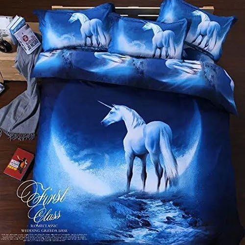 QiaoShang 3D Universe Space Unicorn Bedding Set ( Blue, Queen, Set of 4) 1PC Flat Sheet 1PC Duvet Cover 2 PCs Pillowcases