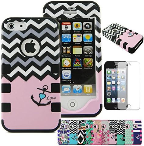 iPhone 5S Case, CASELOCA 3 in 1 Shield Case for iPhone 5s 5 3-Piece Style Colorful Design hard PC outer shell with soft inner TPU Hard Fashion Hybrid Cover for iPhone 5s (Chevron Anchor Pink)