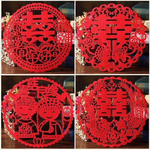 Chris-Wang 4Pairs Traditional Chinese Wedding Banquet Red Nonwovens Double Happiness XI Paper-cut/Papercuts/Paper Cutting for Window/Door/Mirror/Desk/Refrigerator Decoration