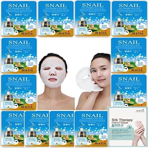 [OBS lab] 12 pcs SNAIL Ultra Hydraiting Essence Mask + 1 pcs Slik Therapy Hand Mask, ( 13 pcs Total ), Korean Facial ask Sheet, Skincare Moisturizing ...