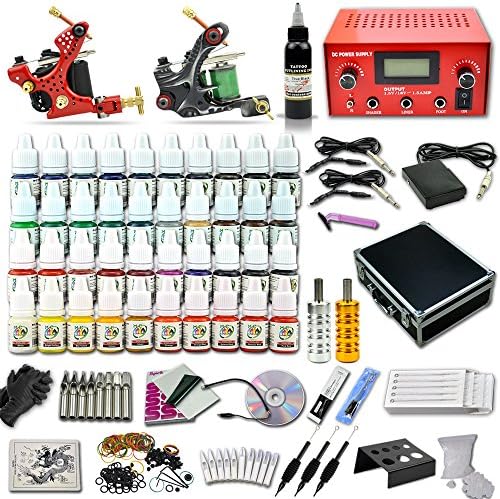 Professional Tattoo Kit 2 Guns Machines Red Dual Output LCD Digital Power Supply 40 Inks Set Carrying Case Needles Grips Tips