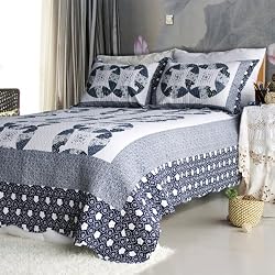 [Zahara] 100% Cotton 3PC Floral Vermicelli-Quilted Patchwork Quilt Set (Full/Queen Size)