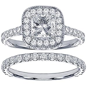 2.42 CT TW Pave Set Diamond Encrusted Princess Cut Engagement Bridal Set in 14k White Gold - Size 7