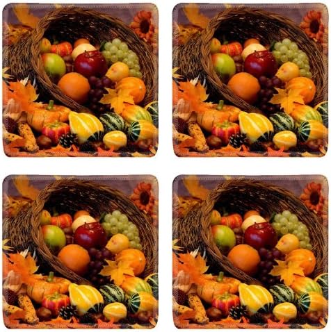 Cornucopia Horn Filled With Variety Food Square Coaster (4 Piece) Set Fabric Rubber 5 Inch Size Luxlady Coaster Cup Mug Can Water Bottle Drink Coasters Stain Resistance Collector Kit Kitchen Table Top Desk