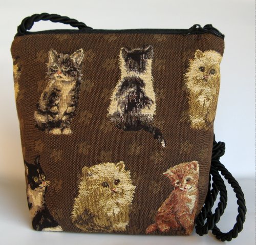 KITTEN Gobelin Schultertasche braun mit edler Tragekordel