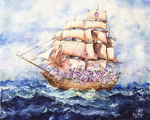 Jiachen Art Elegance Lilac Purple Flower Sailboat Watercolor Copy Photo Painting Print Fine Art Print Wall Art Home Decor Wall Hanging Christmas Gift,Four Size