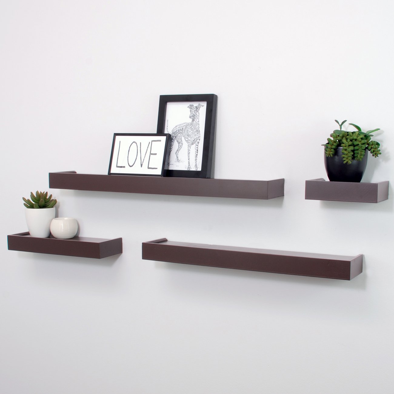 Espresso Floating Display Ledge Shelves Set of 4 Wall Mount Shelf Home