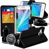Samsung Galaxy J1 4G Black Carbon Fiber Fibber fibre Skin Book Flip Wallet stand Case With Credit / Debit Card Slot Cover With Samsung Galaxy J1 4G LCD Screen Protector Guard, Samsung Galaxy J1 4G Polishing Cloth, Samsung Galaxy J1 4G Mini Retractable Stylus Pen Polishing Cloth & Samsung Galaxy J1 4G 12v Universal Dual Port Mini Bullet USB In Car Charger
