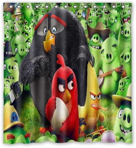 Angry Birds Animation Shower Curtain Bathroom Waterproof Fabric set with 12 Hooks Decor 66x72 Inches