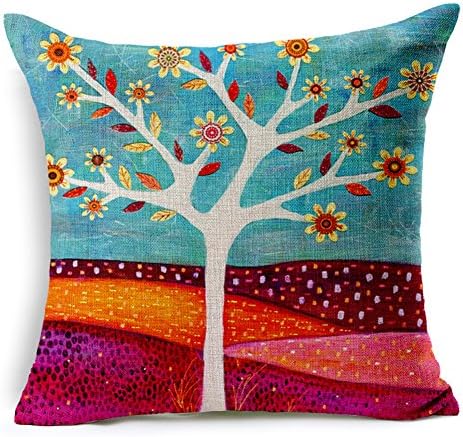 LittleKelly Colorful Cotton Linen Throw Pillow Case Home Sofa Decorative Cushion Cover 18 X 18 Inch Tree