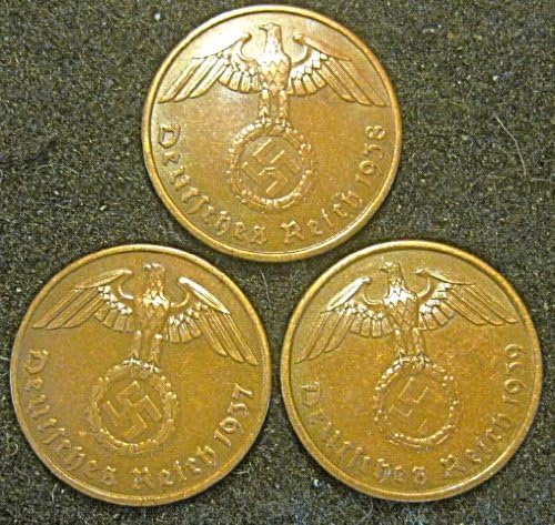 Germany - 3 Bronze German Third Reich 2 Reichspfennig Coins, 1939A, 1938A & 1937A (Berlin Mint, Germany)