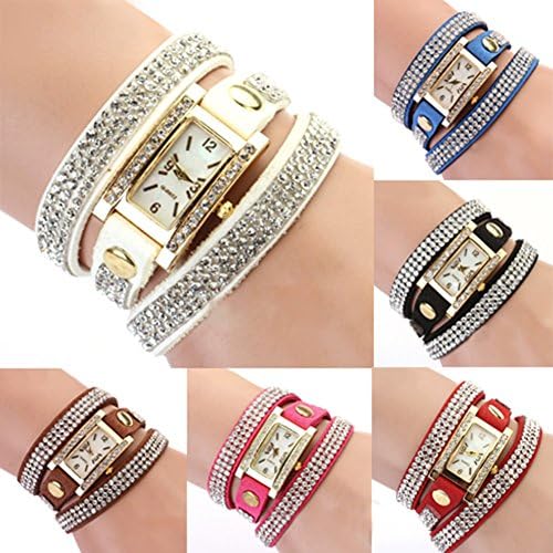 Women's Vintage Square Dial Rhinestone Weave Wrap Leather Bracelet Wrist Watch