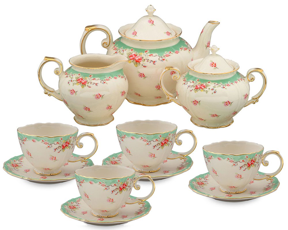 Vintage Green Rose Porcelain 11-Piece Tea Set, Green