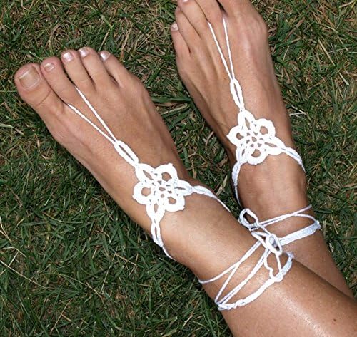 White Star Flower Crochet Barefoot Sandals, Handmade, Bare Foot Flower Jewelry, Yoga Shoes, Beach, Floral Garden Wedding, Boho Anklet
