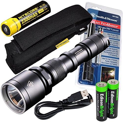 Nitecore MH25 CREE XM-L U2 LED 960 Lumen USB Rechargeable Flashlight, Smith & Wesson PathMarker LED Flashlight, 18650 rechargeable Li-ion battery, USB charging cable and Holster with 2 X EdisonBright AA Alkaline batteries bundle