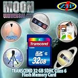 Transcend 32GB SDHC Class 6 Moon Universal Starter Kit. Kit Includes Transcends High-Speed Class 6 SDHC, Tabletop bendable Wire Tripod, SD/SDHC USB Card Reader/Writer, LCD Protection Film Kit, Lens cleaning Kit and Memory Card wallet.