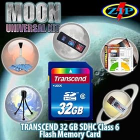 Transcend 32GB SDHC Class 6 Moon Universal Starter Kit. Kit Includes Transcends High-Speed Class 6 SDHC, Tabletop bendable Wire Tripod, SD/SDHC USB Card Reader/Writer, LCD Protection Film Kit, Lens cleaning Kit and Memory Card wallet.
