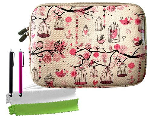 ColorYourLife Bundle of Free Birds Printed Laptop Sleeve Case Bag for Microsoft Surface 2 Surface Pro Surface RT and Sony Xperia Tablet Z / Asus Transformer Prime / Asus MeMO Pad Smart 10 / Acer Iconia A3 with 2 Stylus pens and Microfiber Cleaning cloths (Pink birdcage, 10.8 inch)