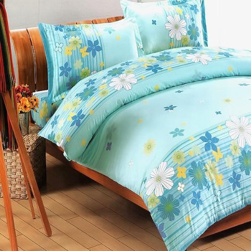 Blancho Bedding - [Turquoise Flowers] 100% Cotton 4PC Duvet Cover Set (King Size)(Comforter not included)