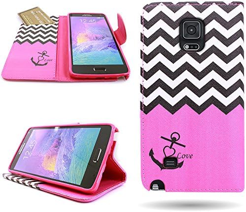 Galaxy Note 4 Wallet Case, Flip Wallet Leather Stand Case For Samsung Galaxy Note 4 - Pink Anchor Design