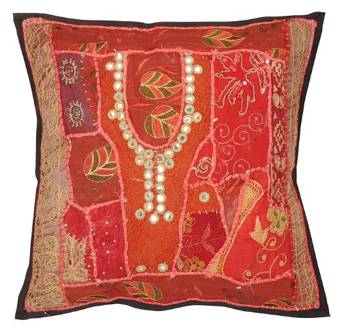Imagen 2 de Cubierta india tradicional hecha a mano de algodón Cojín conjunto con Bordados Espejo Patch Work & Size 16 x 16 pulgadas Juego de 2 piezas