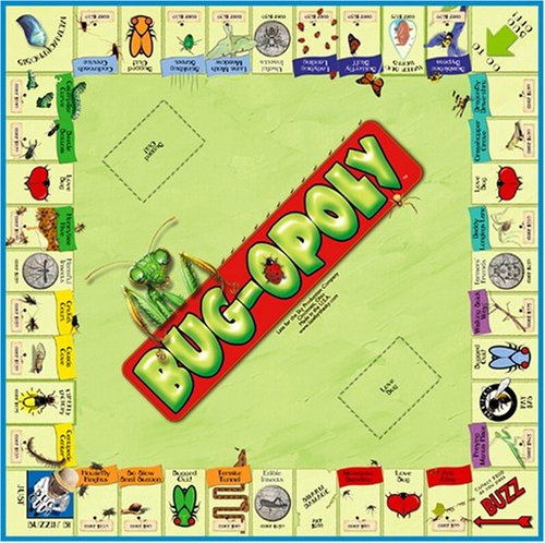 Bug-Opoly Insect Bug Entomolgy Monopoly Board Game Educational Toy featuring; Housefly, Termite, Mosquito, Lovebug, Ant, Praying Mantis, Walking Stick, Daddy Longlegs, Grasshopper, Dragonfly, Bumblebee, Butterfly, Ladybug, Luna Moth, Stinkbug, Cockroach, Caterpillar, Beetle, Honey bee, Cricket, Cicada, Firefly, Centipede.