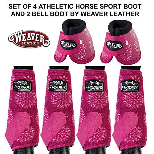 SET OF 4 RASPBERRY MEDALLION ATHLETIC HORSE LEG BOOT AND 2 NO TURN BELL BOOTS WEAVER