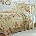 Cottage Romantic Quilt Set with Shams Floral Roses Print Pattern Cream Yellow Luxury 100 Cotton Reversible 3 Piece Bedding Double Full Queen Size - Includes Bed Sheet Straps