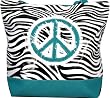 Large Turquoise Zebra Peace Sign Tote Bag Purse Handbag