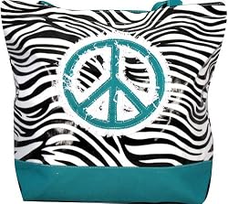 Large Blue/Green Zebra Peace Sign Tote Bag Purse Handbag