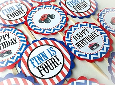12 Cupcake Toppers - Lobster Truck Inspired Birthday Collection - Blue Chevron, Red Stripes with Royal Blue & Red Accents