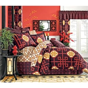 Unique Bedding Comforter - Asian Design Red Lotus & Key Bed in Bag Set - (Full, Queen, or King)